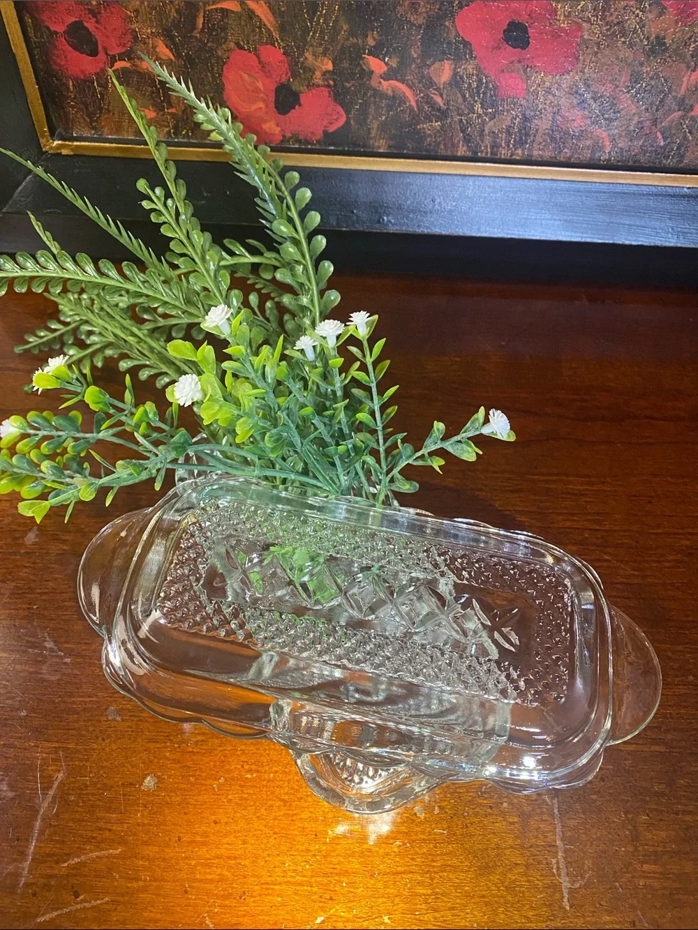 Vintage Anchor Hocking Glass Butter Dish Featuring a Pressed Diamond Cut Design